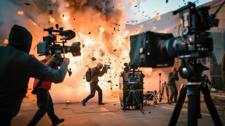 Filmteam filmt eine Actionszene mit Explosion und flüchtender Person
