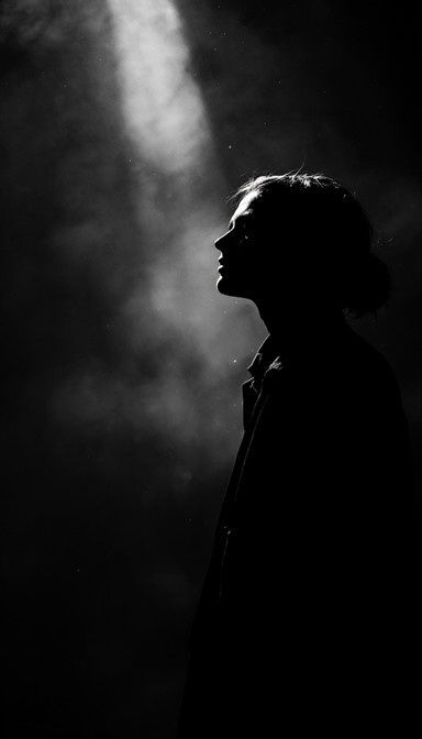 Dunkle Silhouette einer nach oben blickenden Person im Nebellicht