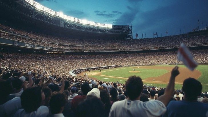 Dicht besetztes Baseballstadion bei Flutlicht mit jubelndem Publikum